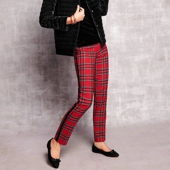 NWT Talbots Red Mountain Plaid Black Velvet Stripe Slim Ankle Pant Size 12P - Picture 1 of 12
